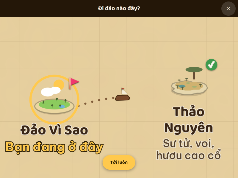 Bé lên tàu, chọn đảo trên tấm bản đồ kho báu rồi ra khơi.