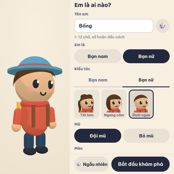 Bé tự đặt tên, chọn bạn nam hay nữ, kiểu tóc và mũ.